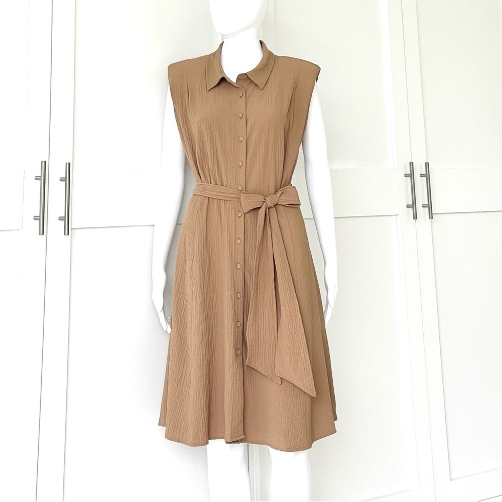 CALVIN KLEIN Crepe Dress Sleeveless Button Front Textured Side Pockets Belted - Picture 5 of 9